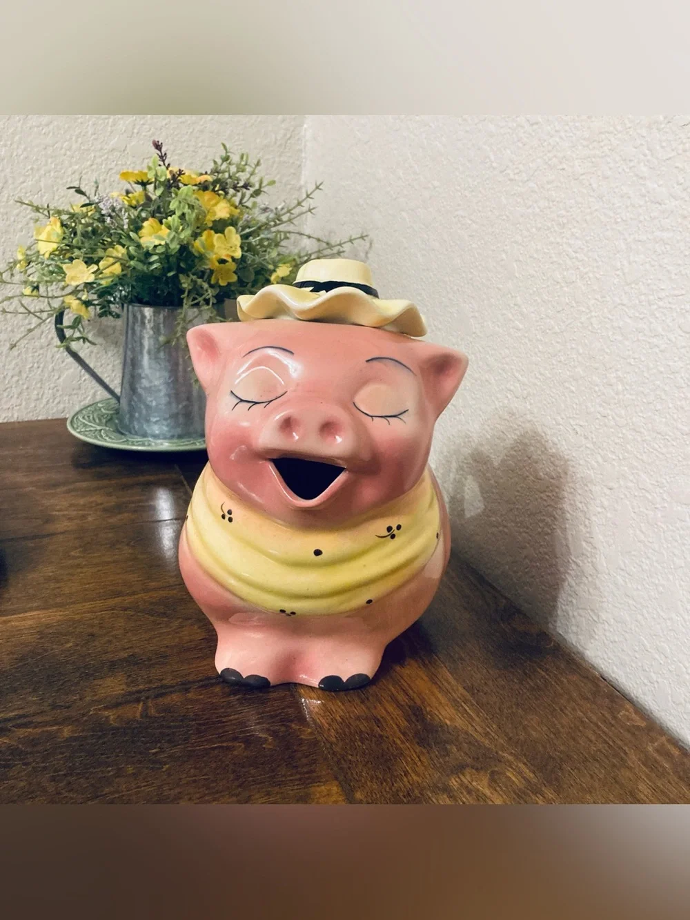 Adorable Vintage Mcm 50s Ceramic Kitschy Pig in Hat with Scarf Pitcher